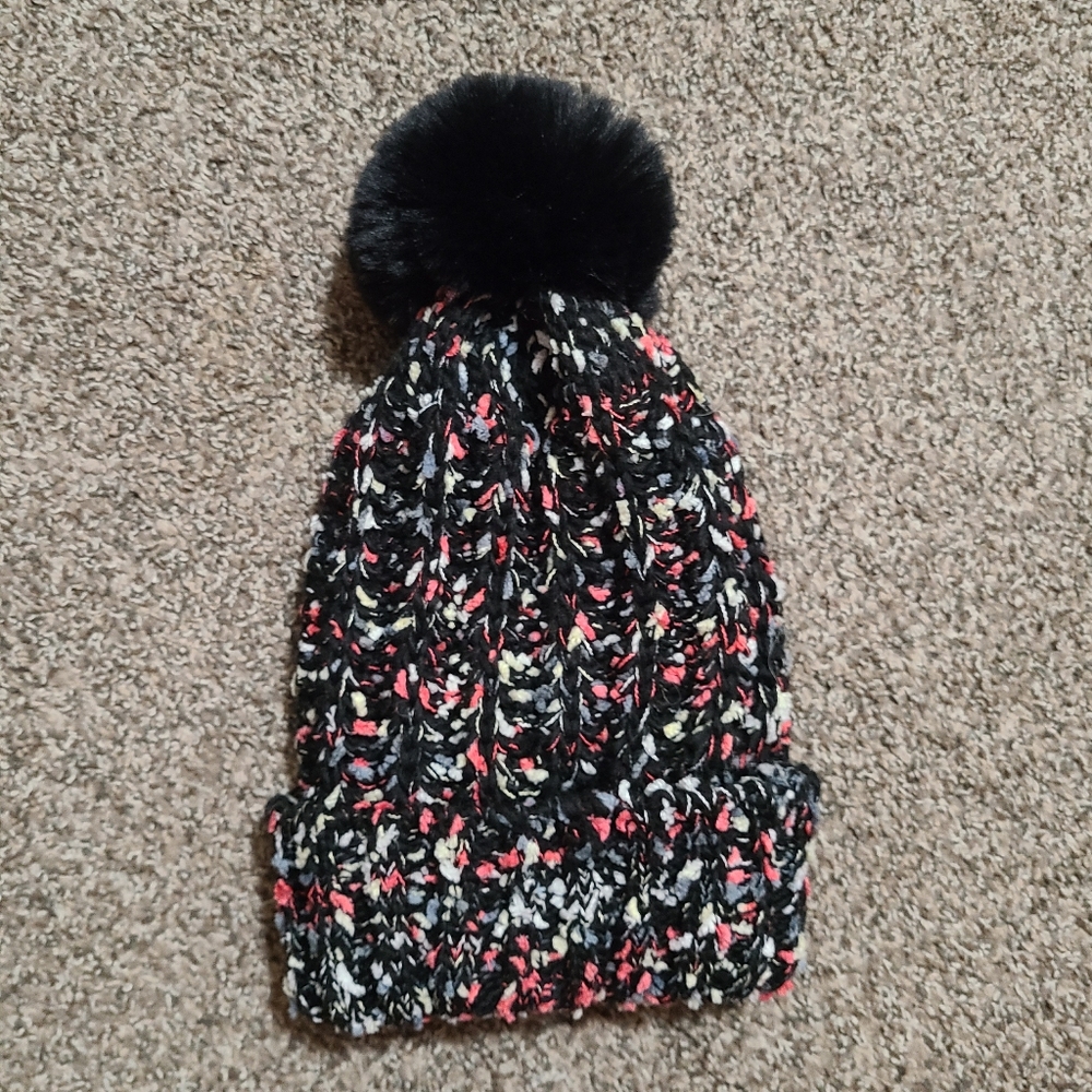 🆕️Black Pink White Pom Pom Warm Winter Hat NWOT
